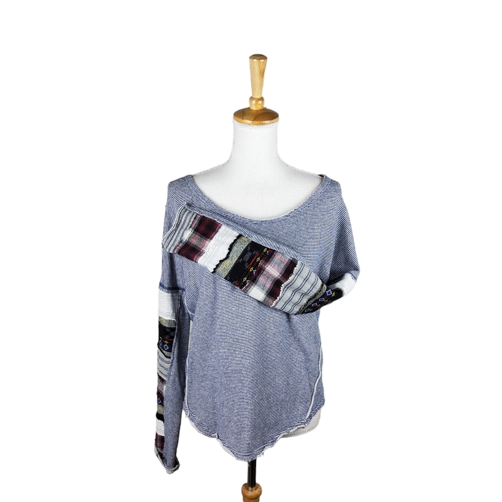 We the Free Striped Oversized Raw Edge Patchwork Sweatshirt Blue Size Small